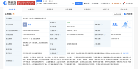 东方电气在成都成立创新研究公司 注册资本1亿元